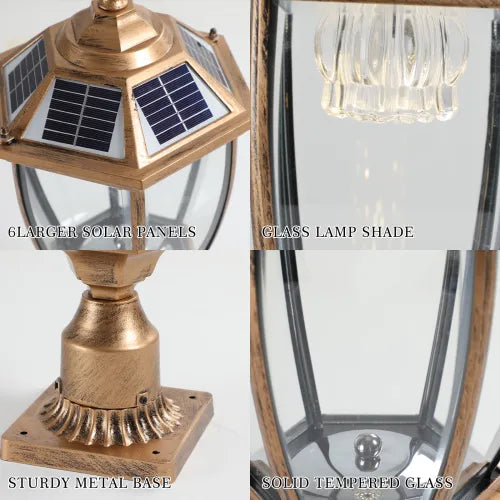 Close-up details of the antique gold solar pillar light - six solar panels, glass lamp shade, sturdy metal base and tempered glass