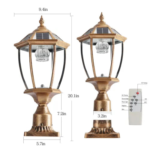 Dimensions diagram of the antique gold solar post cap light - 20.1 inches tall, 9.4 inches wide, 5.7 inch square base, 3.2 inch pole fitter, with remote control