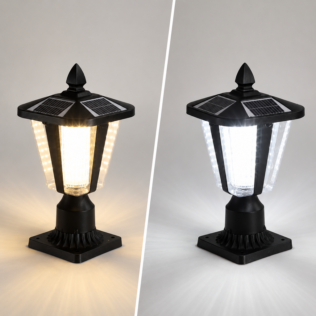 Square craftsman solar pillar light shown in both modes — warm white 3000K on the left, cool white 6000K on the right