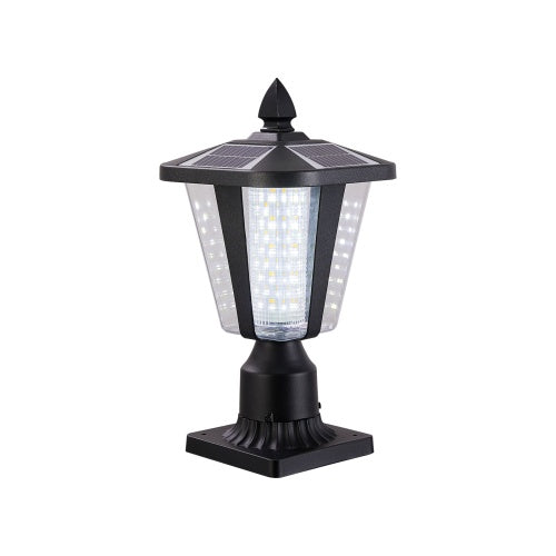 Black square craftsman solar pillar light on a white studio background, warm LED lit