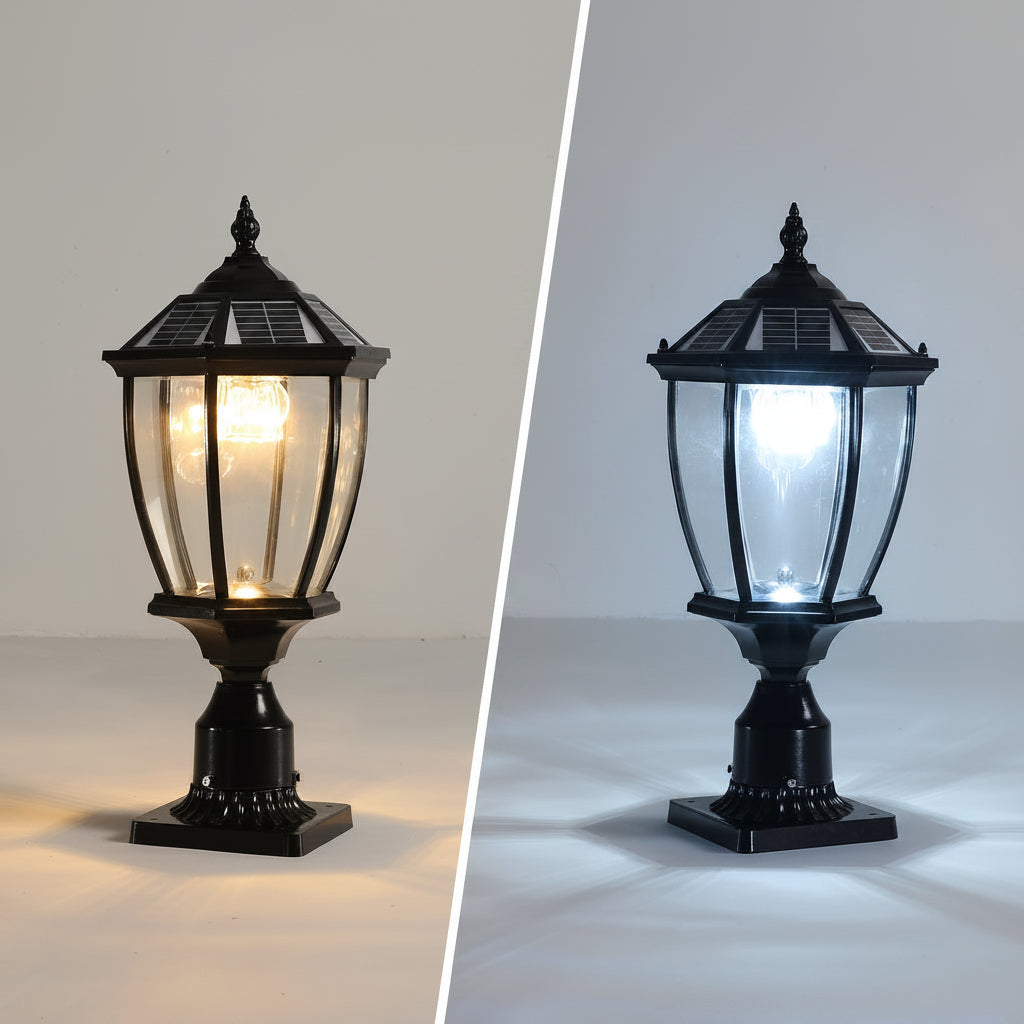 Ornate Victorian solar pillar light shown in both modes — warm white 3000K on the left, cool white 6000K on the right