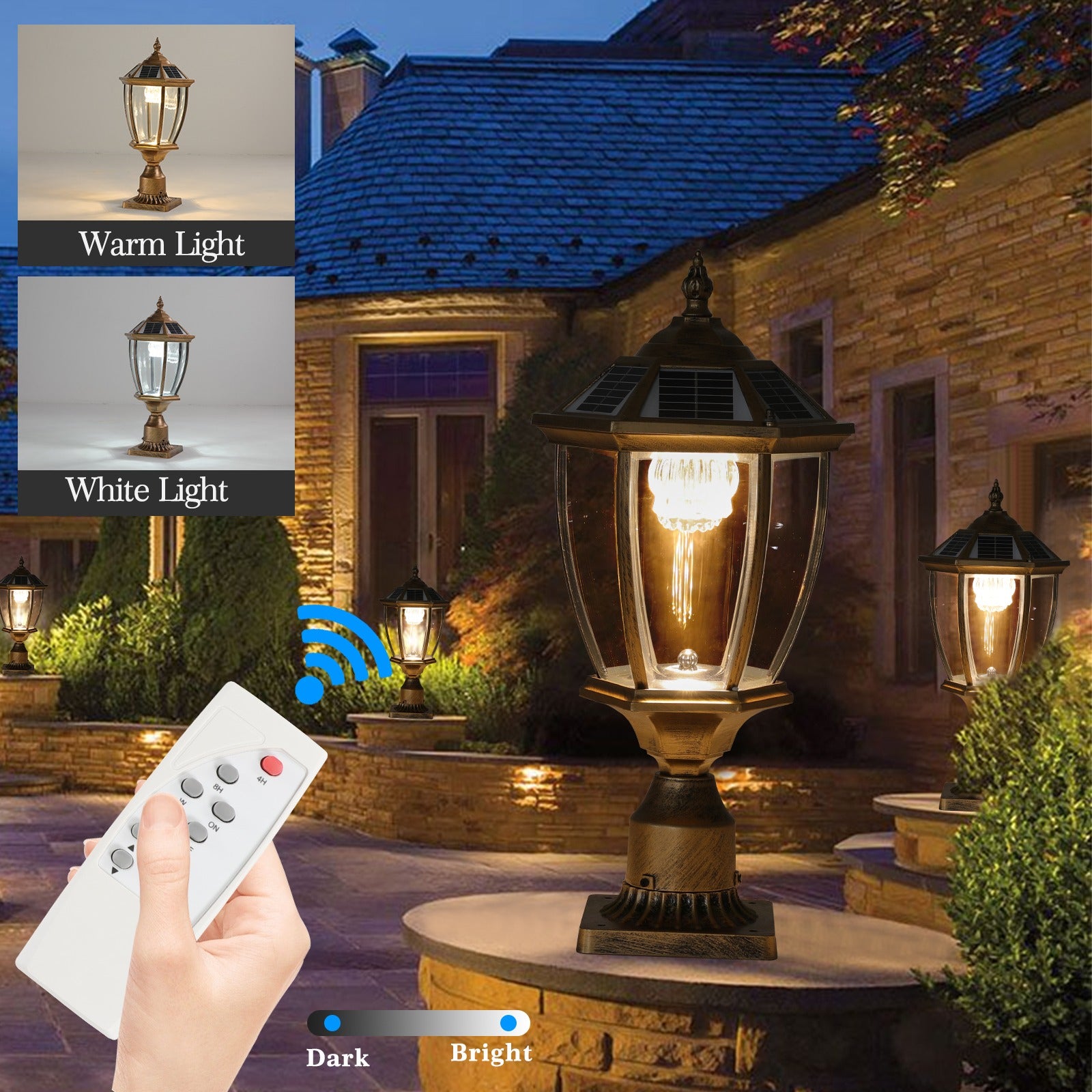 Antique gold solar post cap light shown in warm light and white light modes, with a hand holding the included remote control for dimming and brightness