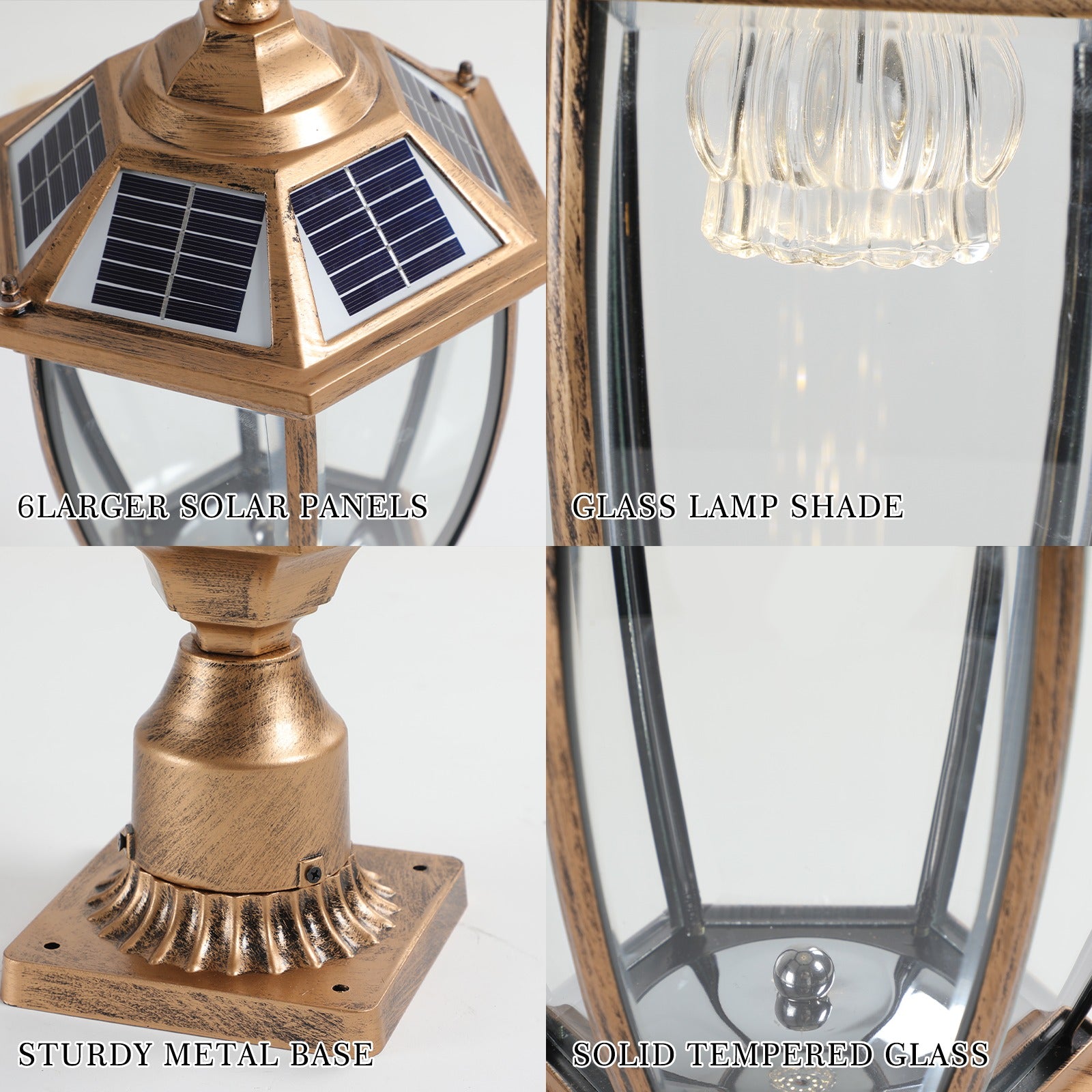 Build details of the antique gold solar post cap light - six solar panels, glass lamp shade, sturdy metal base and solid tempered glass